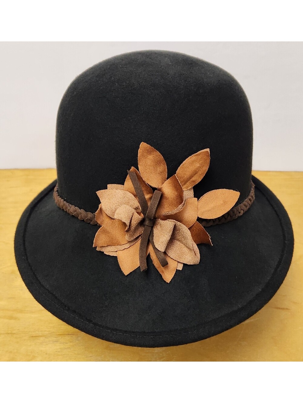 August Hat Co Women's Black 100% Wool Felt Cloche Bowler Hat Leather Floral Band